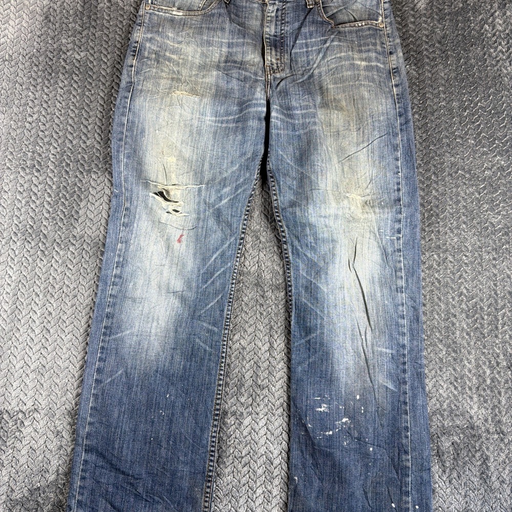 Levis 752 Jeans Mens 34x34 Regular Fit Straight Leg Jeans Light Wash Distressed